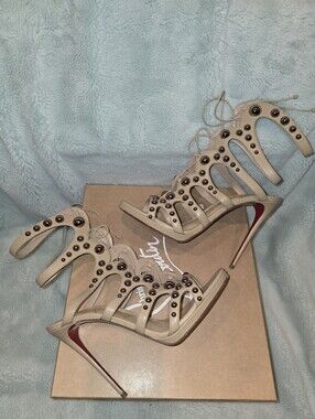 Christian Louboutin Beige Studded Lace-Up High Heel Sandals - Women's Fashion